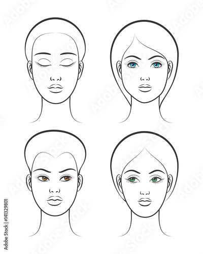 Beautiful female face vector set isolated on white background. Hand drawn blank calm woman faces for makeup with open and closed eyes