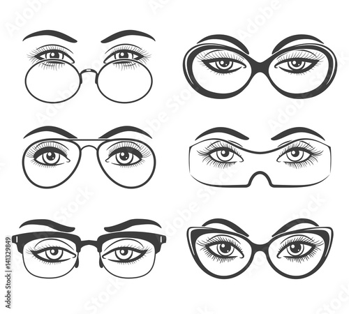 Woman eyes with glasses hand drawn vector illustration. Nerd model eyeglasses sketch