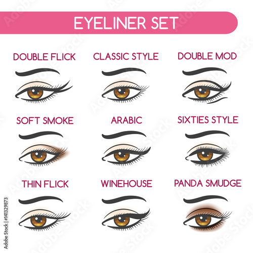 Eyeliner set vector illustration. Woman eyes makeup, shape of female eyebrows, eyelashes and smokey eye shadows