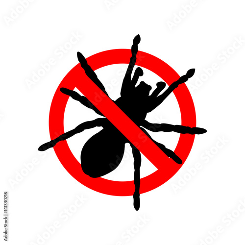 Icono plano silueta araña con señal prohibido en fondo blanco