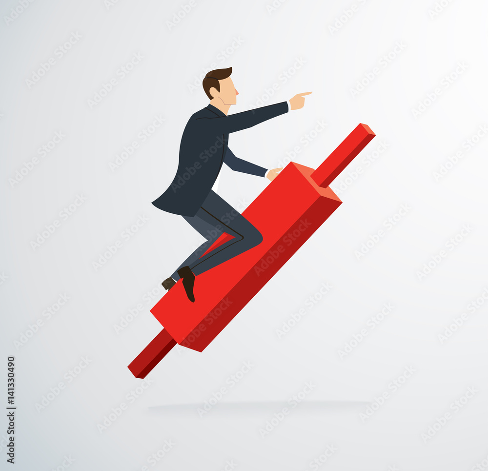  businessman riding on Candlestick chart icon vector 
