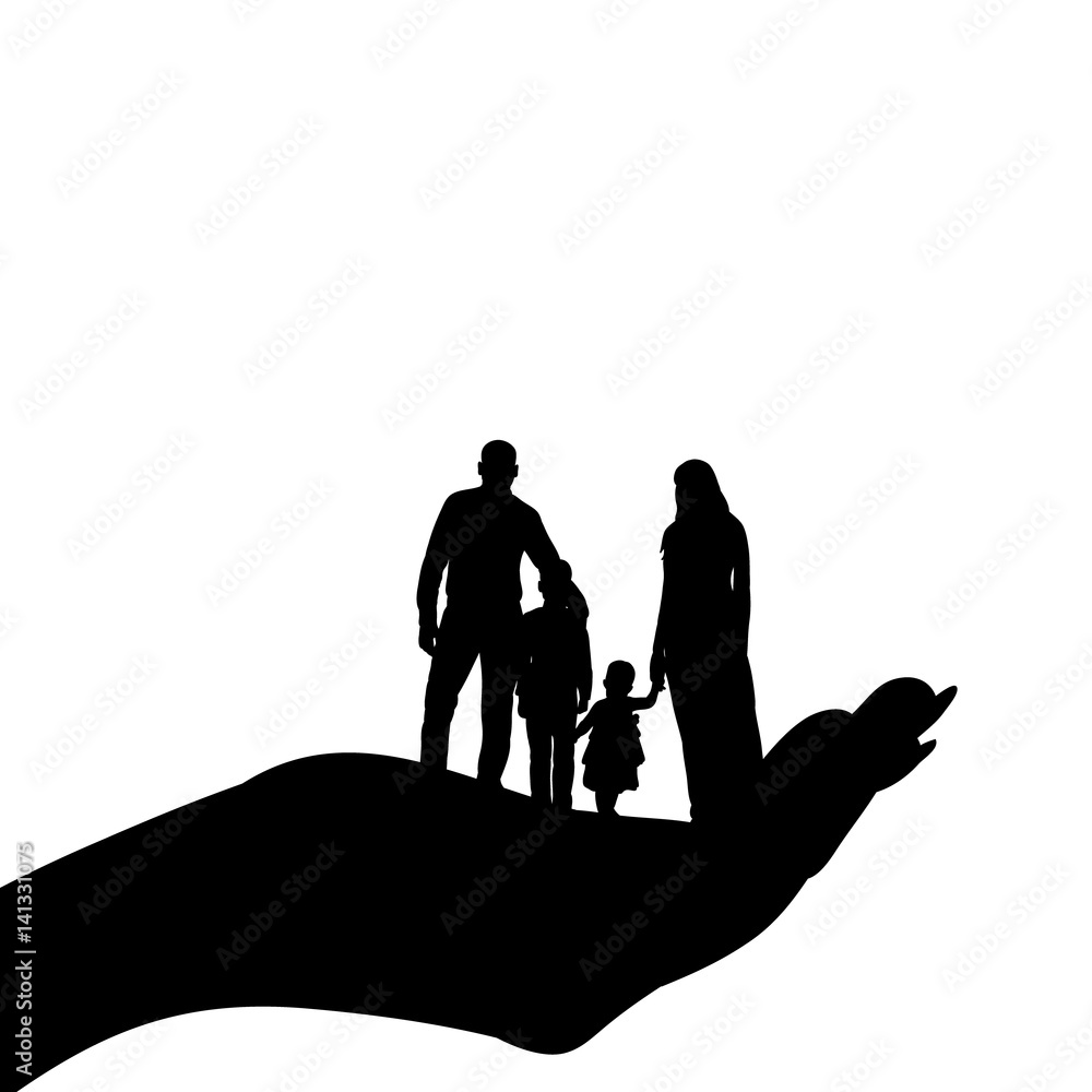Fototapeta silhouette of a family with children in the palm of your hand, caring protection