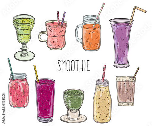 Smoothie set. Healthy food. Isolated elements. Hand drawn vector illustration in sketch style