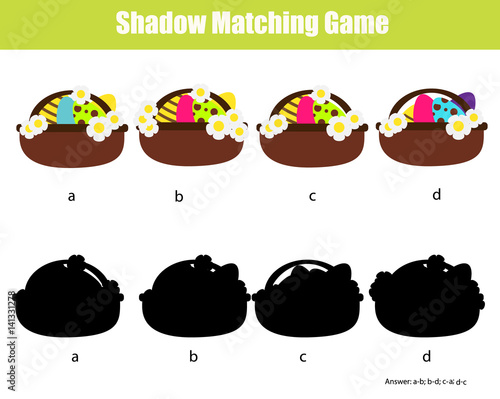 Shadow matching game. Educational children game with Easter eggs buskets