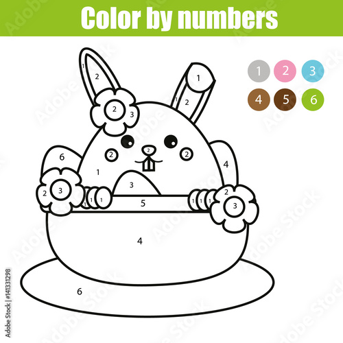 Coloring page with Easter bunny character. Color by numbers educational children game, drawing kids activity. rabbit in busket with eggs