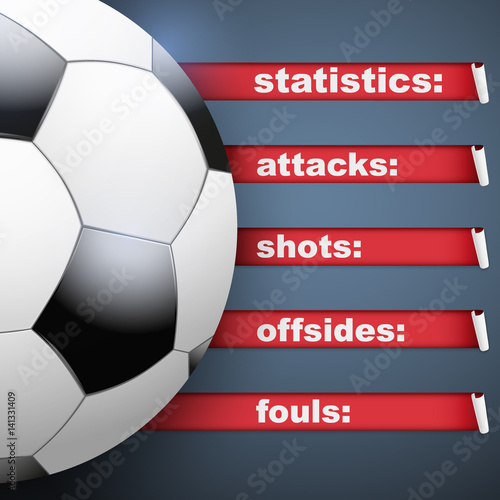 Background of Football Soccer sports. Infographic of list and schedule of players and statistics. Ball with red ribbon on dark background. Vector Illustration.