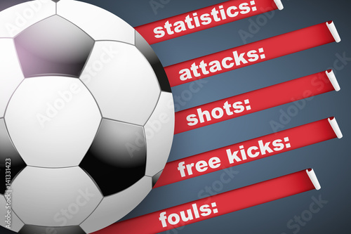 Background of Football Soccer sports. Infographic of list and schedule of players and statistics. Ball with red ribbon on dark background. Vector Illustration.