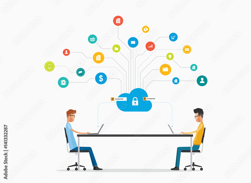 Vector people business communication and working on cloud network concept and technology cyber cloud security concept Vector people business communication and working on cloud network concept and technology cyber cloud security concept