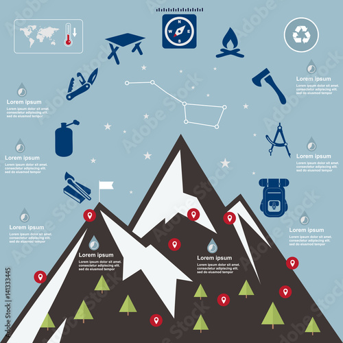 Illustration mountains, camping-travel elements, on flat design