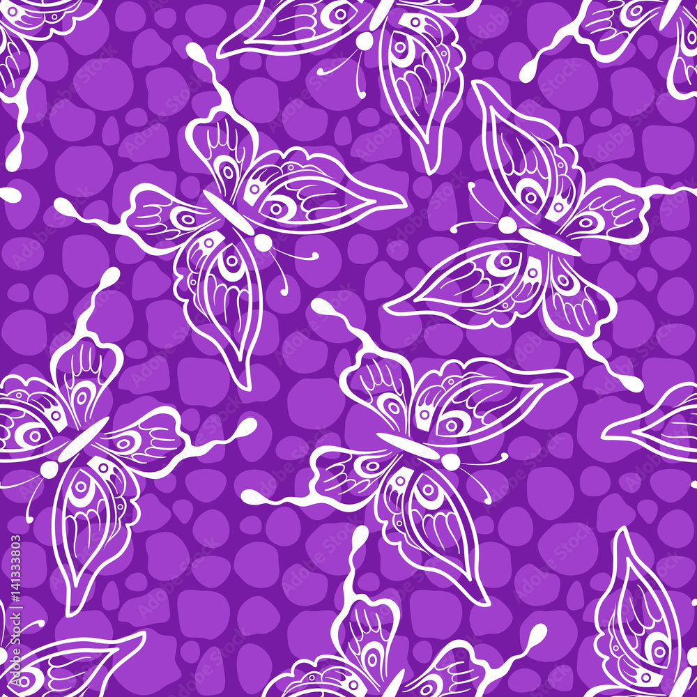 Seamless Background, Butterflies White Silhouettes on Violet Tile Pattern. Vector Seamless Background, Butterflies White Silhouettes on Violet Tile Pattern. Vector