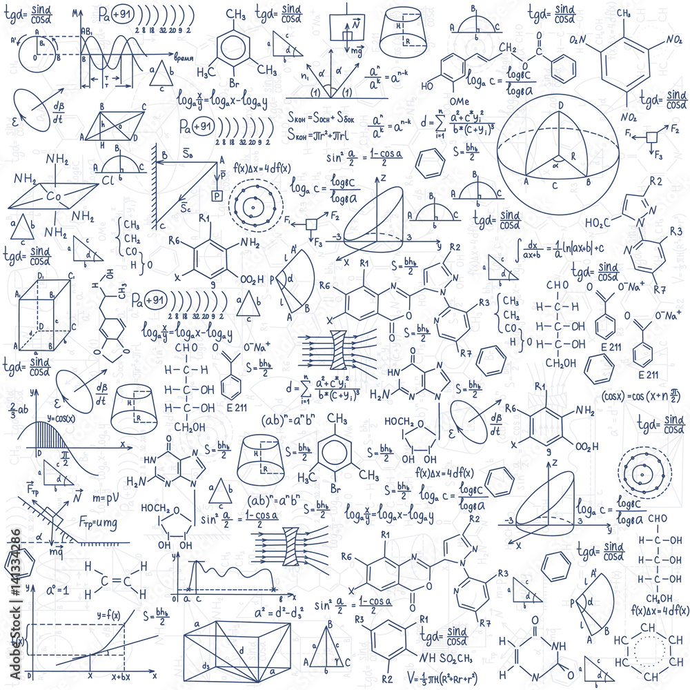Hand drawn chemistry formulas Science knowledge education - obrazy, fototapety, plakaty 