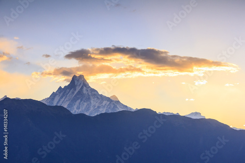 Machapuchare mountain range (fish tail) with sunrise view from Poonhill, Nepal.