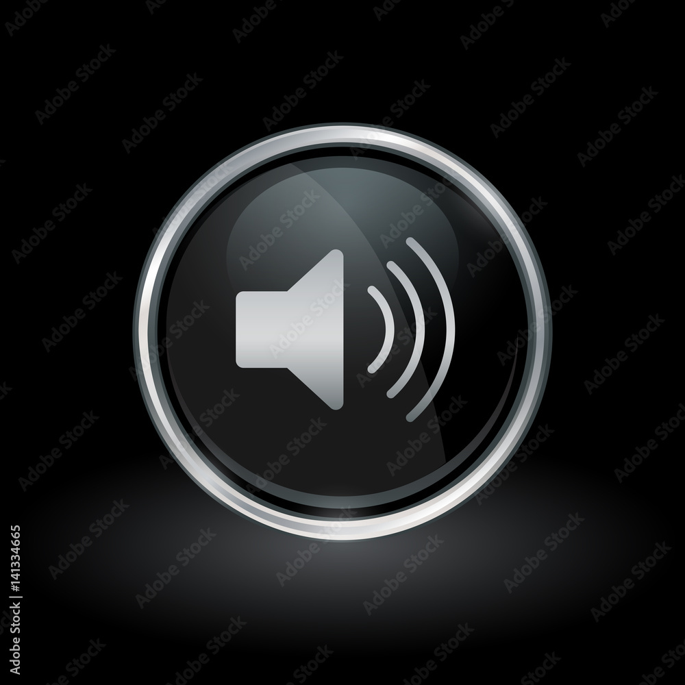 Audio symbol with speaker volume icon inside round chrome silver and black button emblem on black background. Vector illustration. Audio symbol with speaker volume icon inside round chrome silver and black button emblem on black background. Vector illustration.