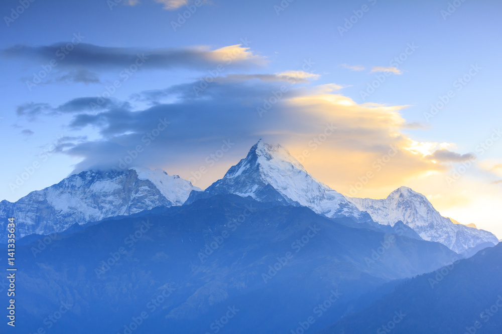 Annapurna mountain range with sunrise view from Poonhill, famous trekking destination in Nepal.