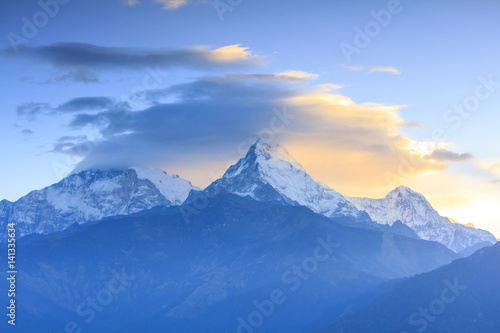 Annapurna mountain range with sunrise view from Poonhill, famous trekking destination in Nepal. © amthinkin