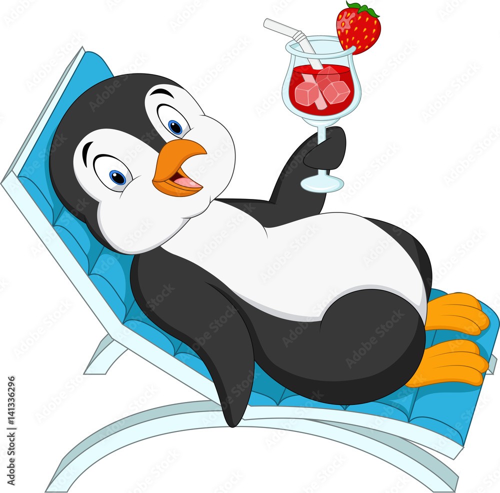 Fototapeta premium Cartoon penguin sitting on beach chair and holding cocktail