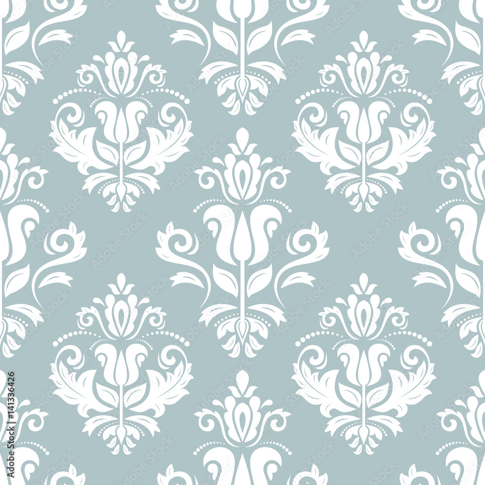 Damask classic light blue and white pattern. Seamless abstract background with repeating elements