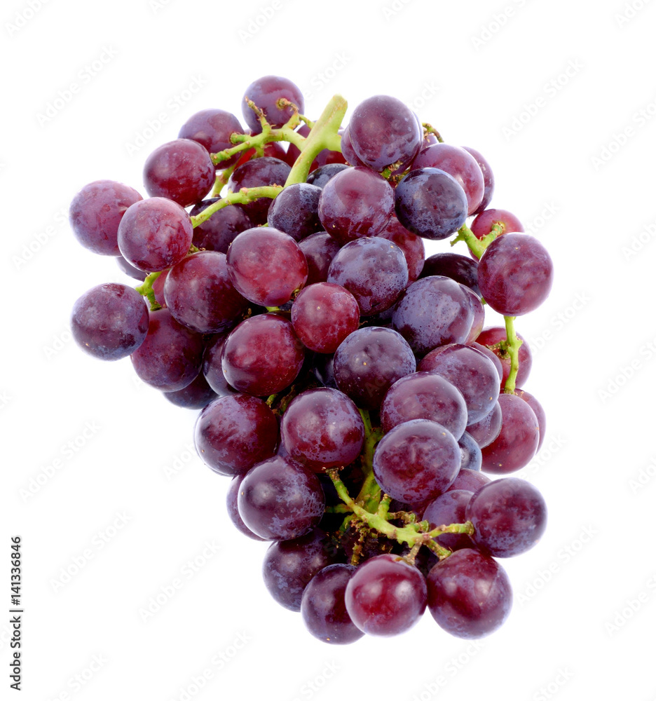 Purple grape bunches with green stems isolated on white background Purple grape bunches with green stems isolated on white background