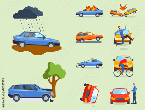 Car crash collision traffic insurance safety automobile emergency disaster and emergency disaster speed repair transport vector illustration.
