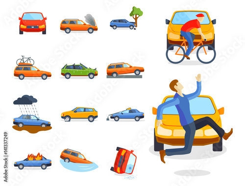 Car crash collision traffic insurance safety automobile emergency disaster and emergency disaster speed repair transport vector illustration.