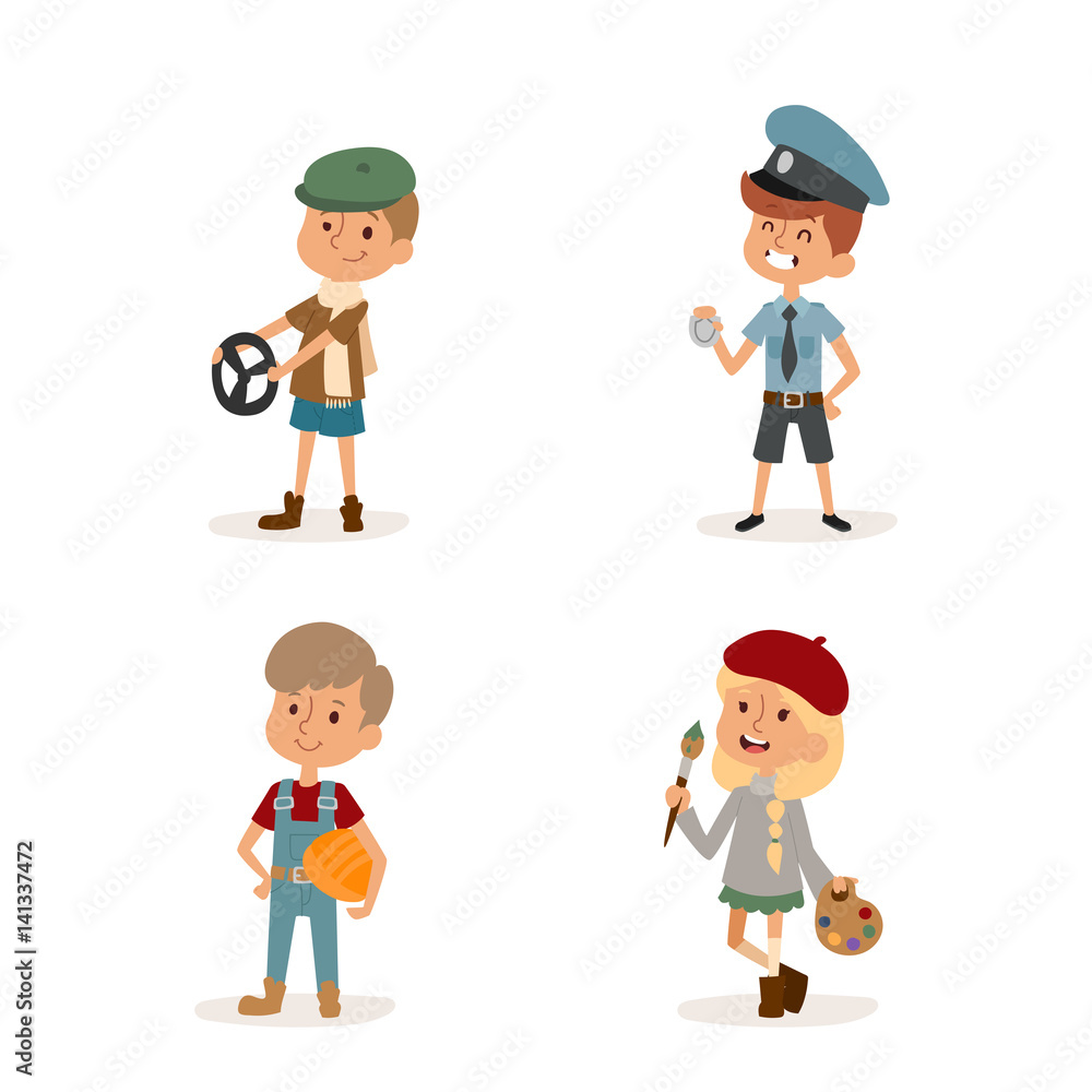 cartoon profession kids children vector set illustration person childhood painter sportsman chef builder policeman doctor artist driver businessman