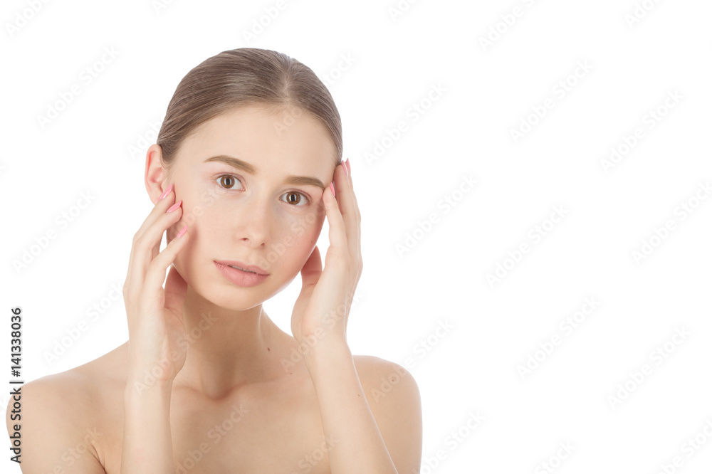 sad woman with a natural beauty makeup look - isolated over a white background with copyspace