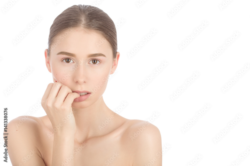 sad woman with a natural beauty makeup look - isolated over a white background with copyspace sad woman with a natural beauty makeup look - isolated over a white background with copyspace