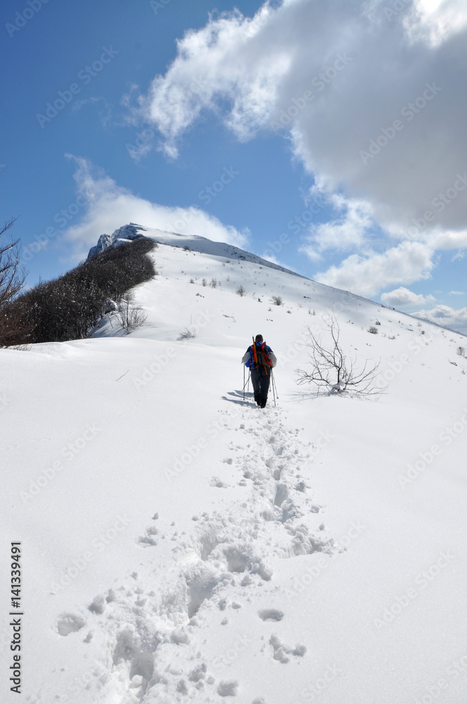 Beautiful dynamic sky above dry mountain peak Trem in Serbia. Winter landscape on mountain. Mountaineer going to the top through the snow