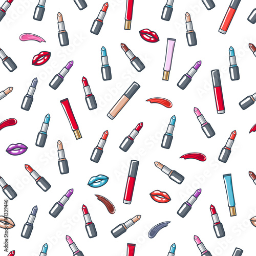 Colorful lipsticks, lipgloss, lips and smears seamless pattern.