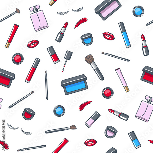 Cosmetics products seamless pattern. Beauty vector illustration.