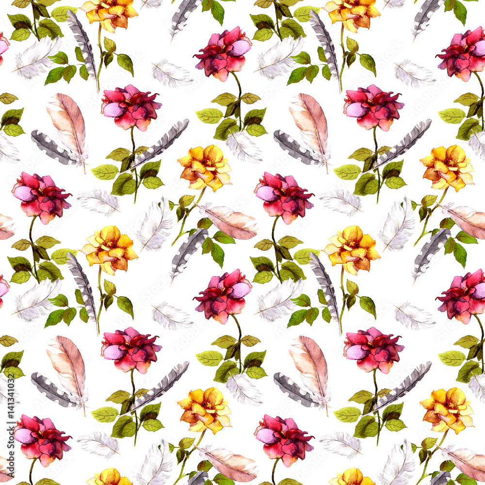 Roses, feathers. Seamless pattern. Watercolor