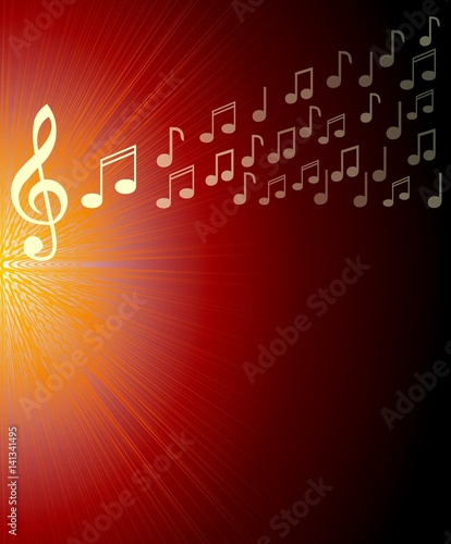 Musical background with treble clef and and notes on red rays area. Overlay for a concert program,