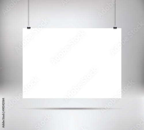 Empty white vector horizontal poster template. Poster mock up. Template of white blank vector poster. Mockup hanging on wall. Frame for paper sheet. A4, A3, A2, A1 format. Stock vector. 