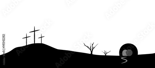 Easter. Mountain with crosses and the empty grave with rolled stone. Black colors