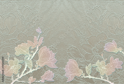 The branches of a flowering magnolia. Wallpaper. Abstract wallpaper with floral motifs. 
