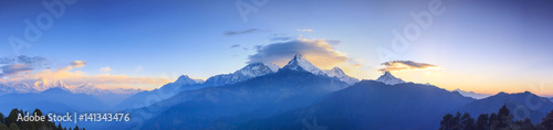 Annapurna mountain range and panorama sunrise view from Poonhill, famous trekking destination in Nepal.