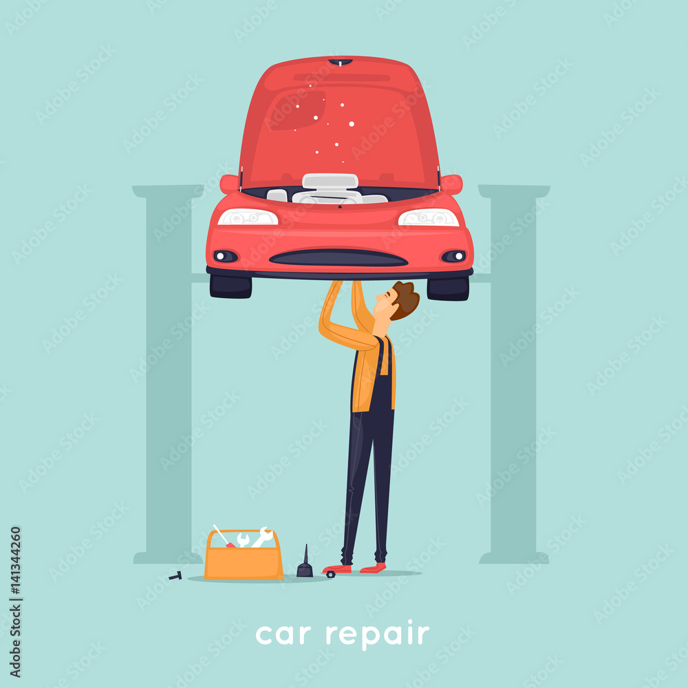 Man repair car. Shop. Flat vector illustration in cartoon style. Man repair car. Shop. Flat vector illustration in cartoon style.