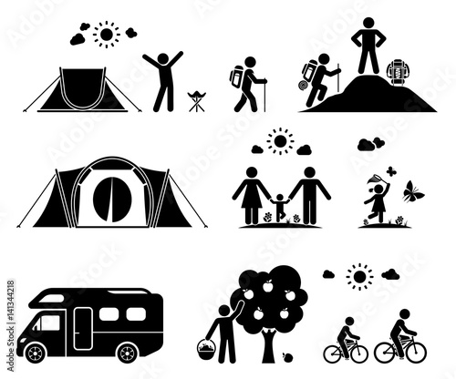 Camping in the nature. Set of icons presenting various activities on camping outdoors in wild with tents and caravans. Family vacation.
