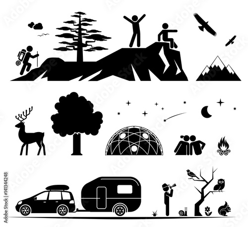 Camping in the nature. Set of icons presenting various activities on camping outdoors in wild with tents and caravans. 