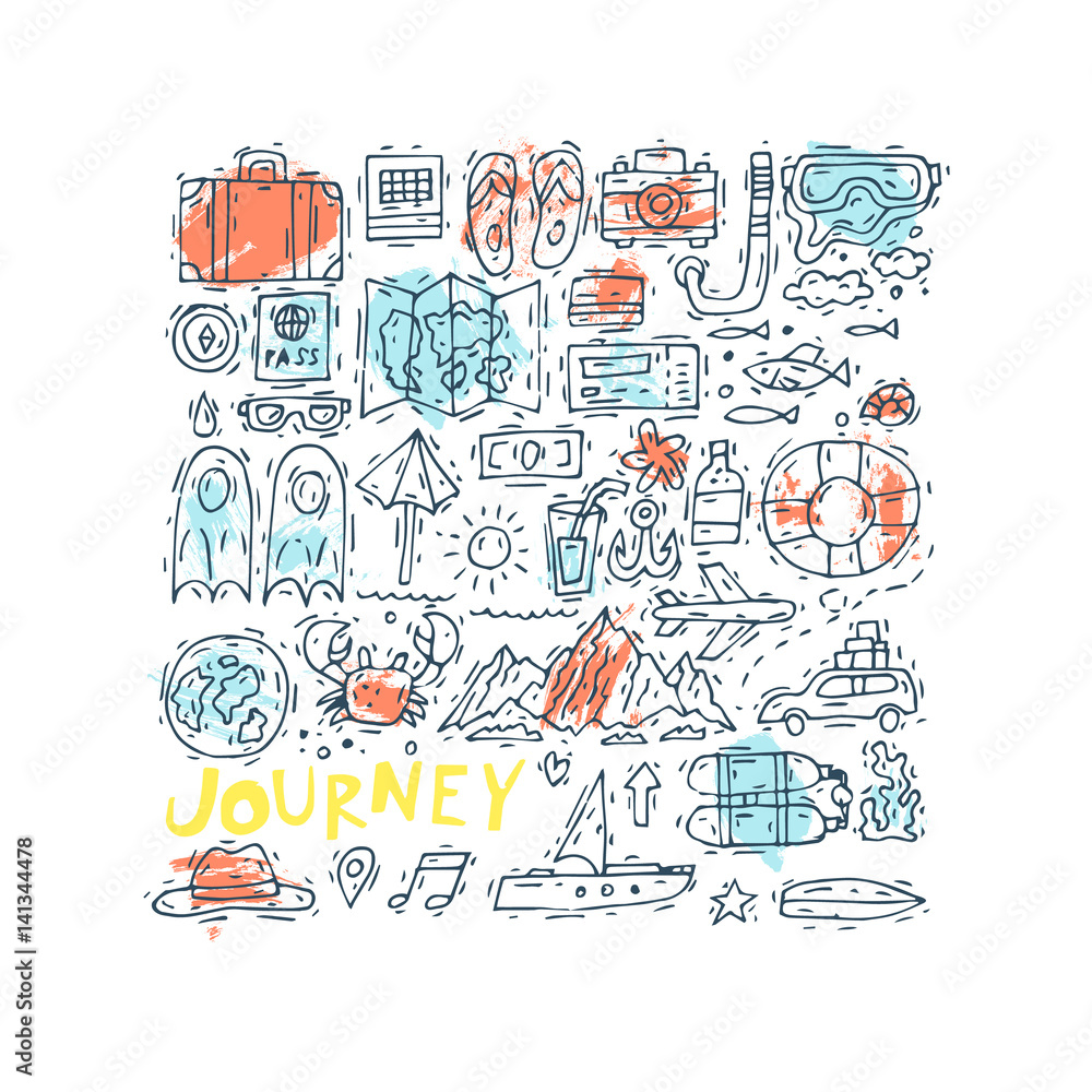 World Travel. Hand drawn. Planning summer vacations, holiday, journey, set of icons. Tourism and vacation theme. Flat design vector illustration.
