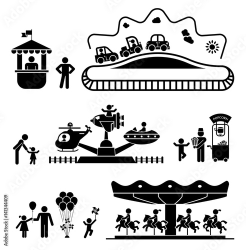 Amusement park pictogram icons set. Amusement parks for children and family. Fun and entertainment outdoors.