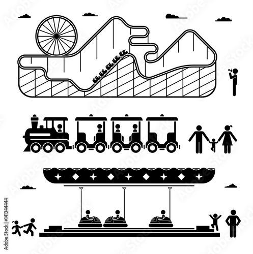 Amusement park pictogram icons set. Amusement parks for children and family. Roller coaster and adrenaline rides. Fun and entertainment outdoors.