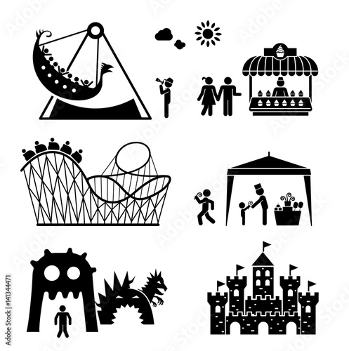 Amusement park pictogram icons set. Amusement parks for children and family. Roller coaster and adrenaline rides. Fun and entertainment outdoors.