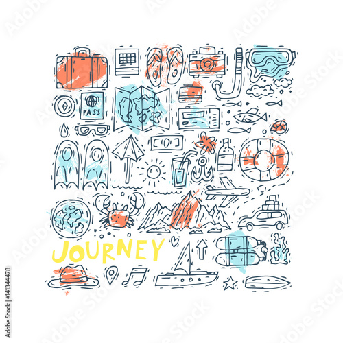 World Travel. Hand drawn. Planning summer vacations  holiday  journey  set of icons. Tourism and vacation theme. Flat design vector illustration.