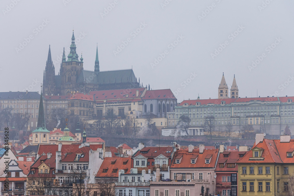 View of St Vitus Cathedral in Prague on a gloomy winter day