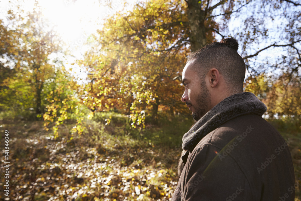 Young Man Walking In Autumn Woodland Young Man Walking In Autumn Woodland