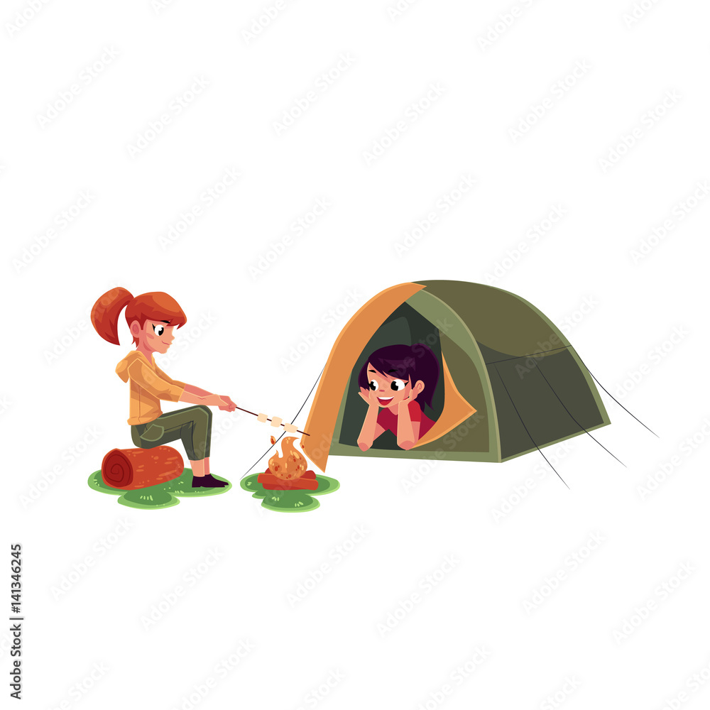 Girls frying marshmallow on fire and looking out of camping tent, cartoon vector illustration isolated on white background. Kids camping, hiking, lying in tent and frying marshmallow