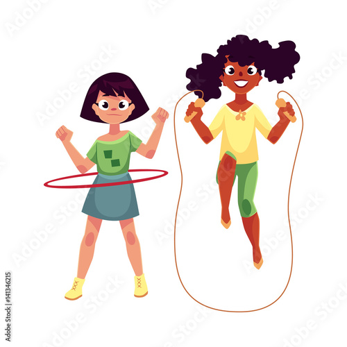 Two girls, Caucasian and black African American, playing with jumping rope and hula hoop at playground, cartoon vector illustration isolated on white background. Girl friends having fun at playground