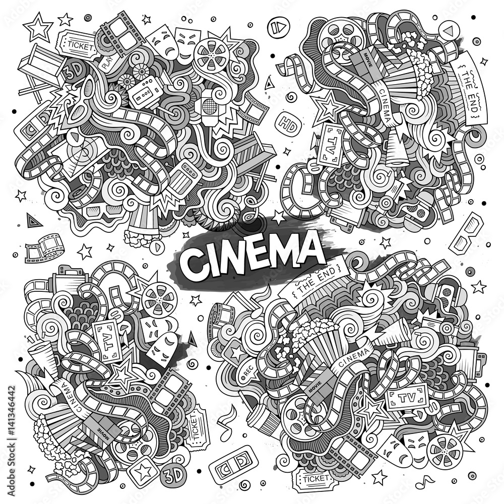 Cinema, movie, film doodles sketchy vector designs