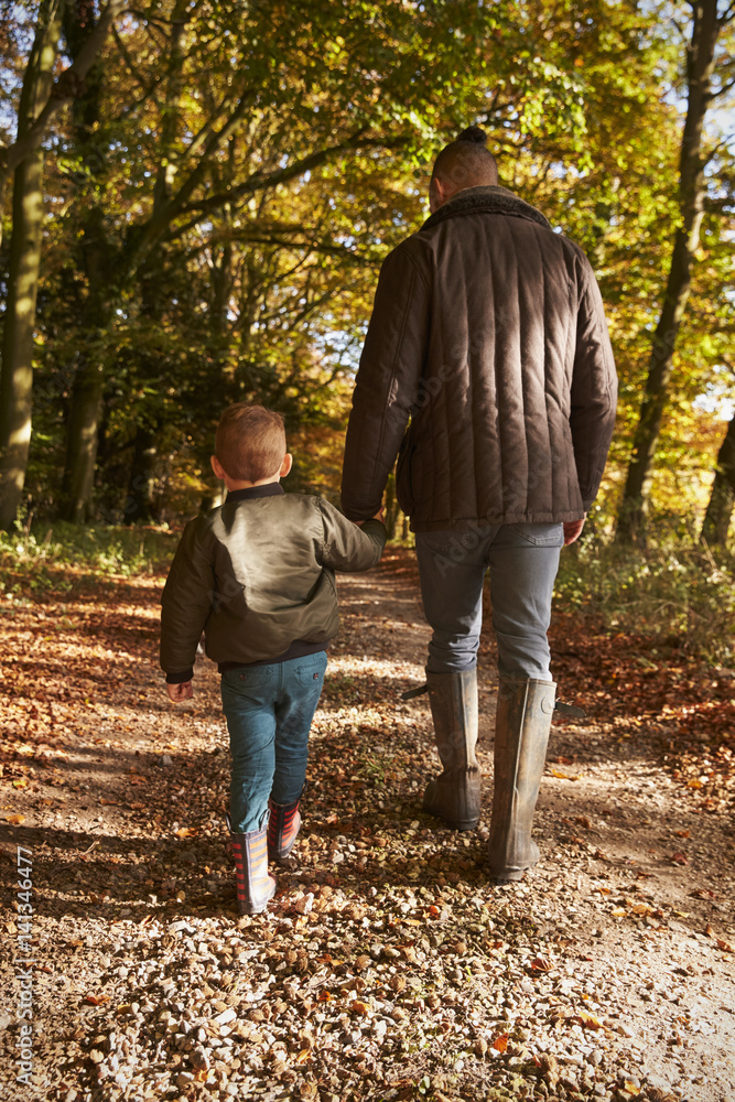 Fototapeta premium Father And Son On Autumn Walk In Woodland Together